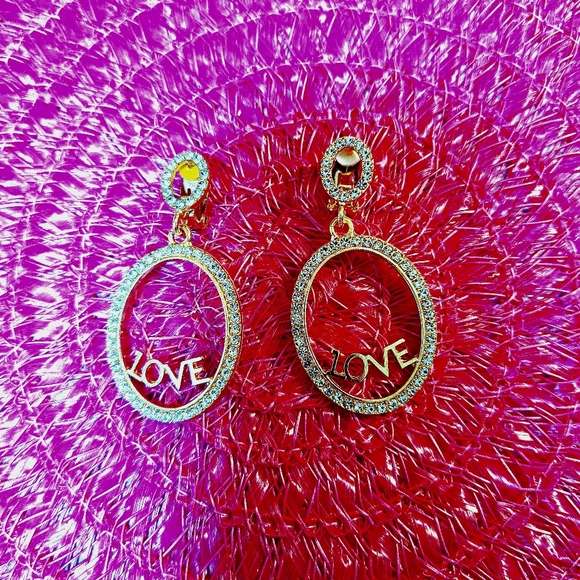 Women's Beautiful "LOVE" Insignia in White & Pink Gold Tone Rhinestone Earrings - Picture 7 of 10
